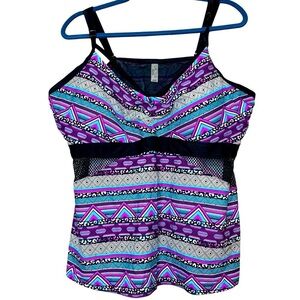 Cactus Tankini Swim Top Black Mesh Blue Tribal 3X Built in Bra Pool Beach Resort